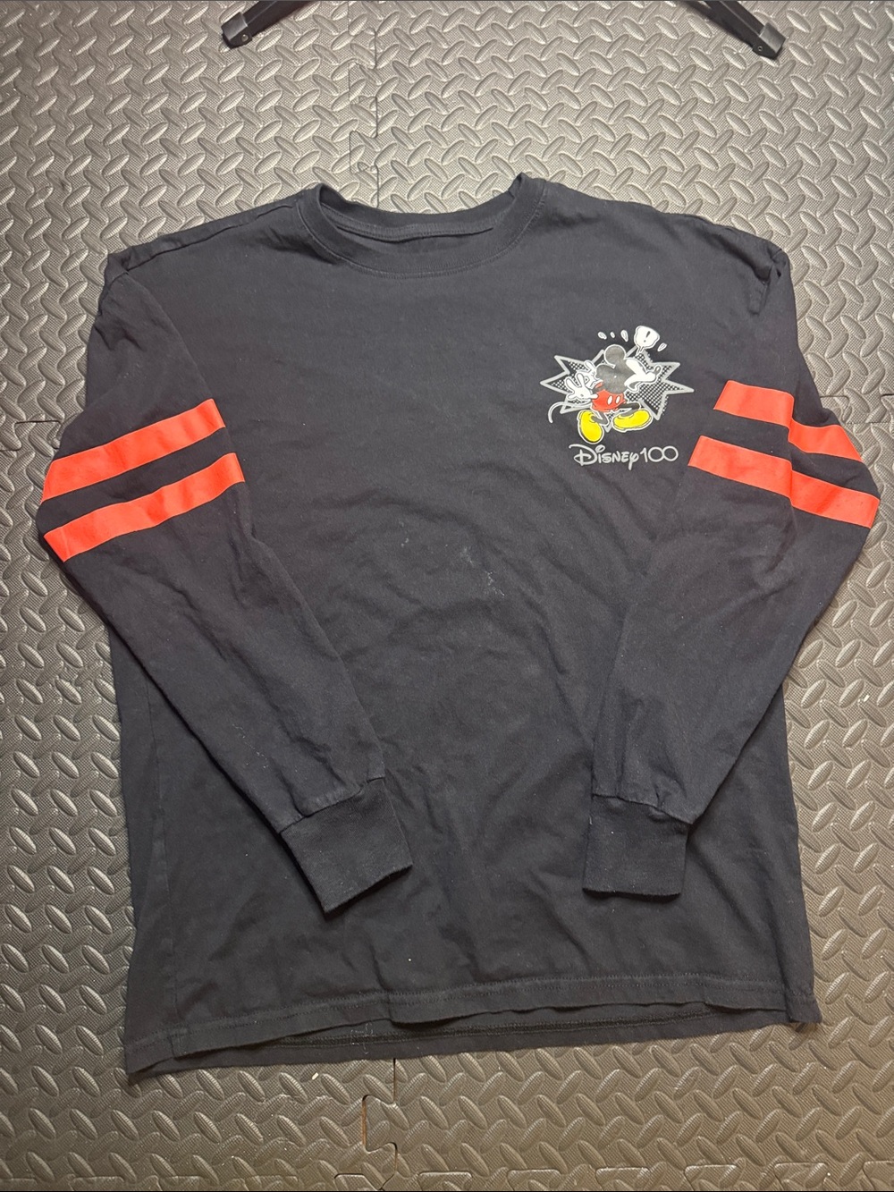 Disney Black Long Sleeve Mickey 100 Graphic Tee with Red Stripes